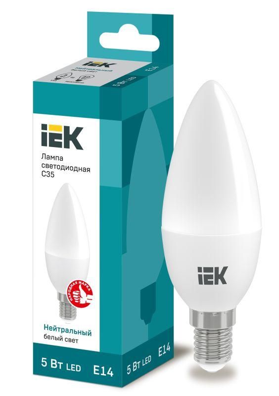 Лампа светодиодная 5Вт C35 свеча 4000К нейтр. бел. E14 450лм 230-240В IEK LLE-C35-5-230-40-E14