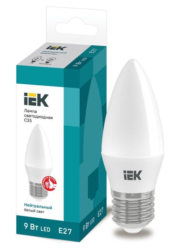 Лампа светодиодная 9Вт C35 свеча 4000К нейтр. бел. E27 230В IEK LLE-C35-9-230-40-E27